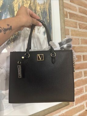 Victoria's Secret Black Pebbled Satchel with Gold Accents